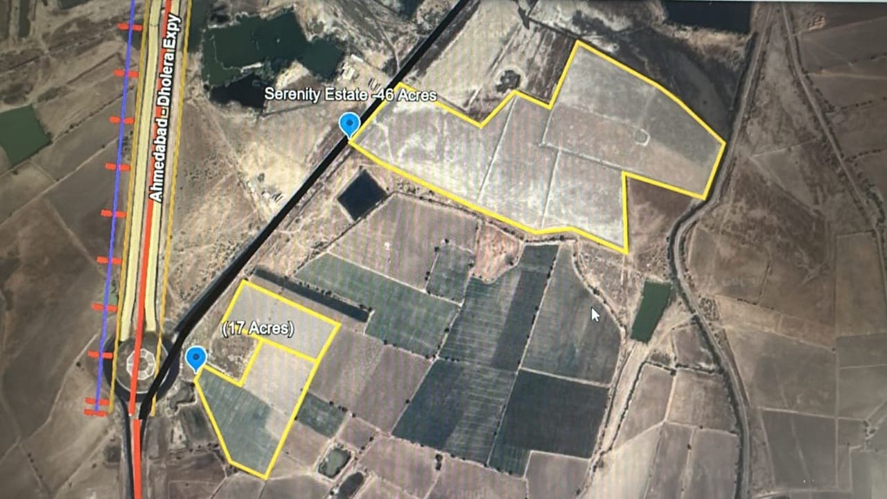 Satellite view of 17 acre and 46 acre Serenity Estate in Dholera