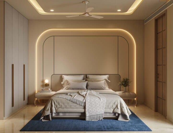 Spacious bedroom with ambient LED lighting in premium Mohali flat