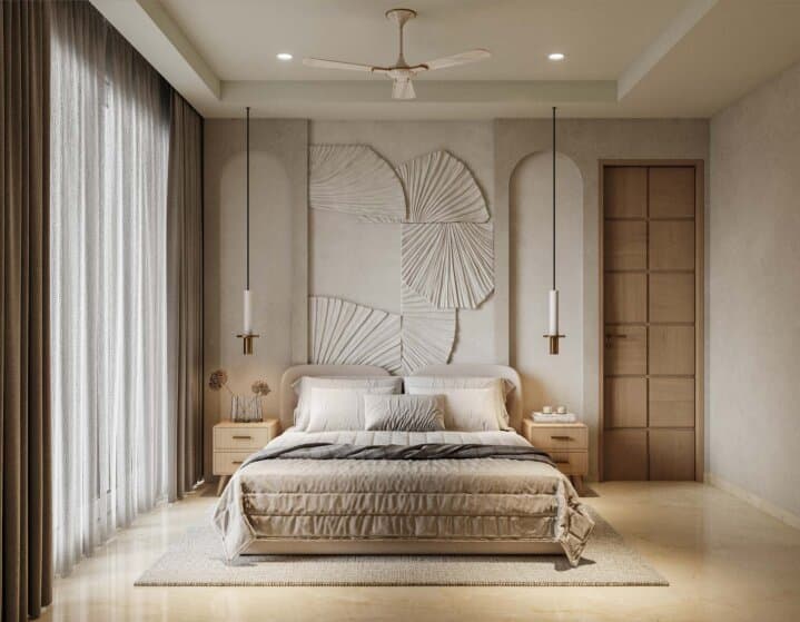 Master bedroom with contemporary wall art in Mohali flat