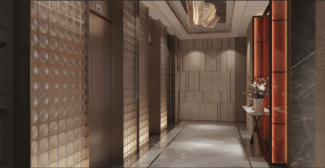 Premium elevator lobby with designer lighting in Mohali property
