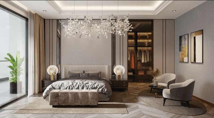 Master bedroom with crystal chandelier in luxury Mohali flat